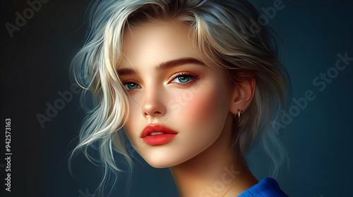 Portrait of a beautiful young woman with blonde hair and blue eyes,  looking directly at the camera.