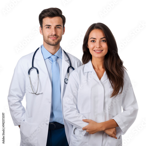 Portrait of a smiling doctor with a female nurse, isolated on transparent background photo