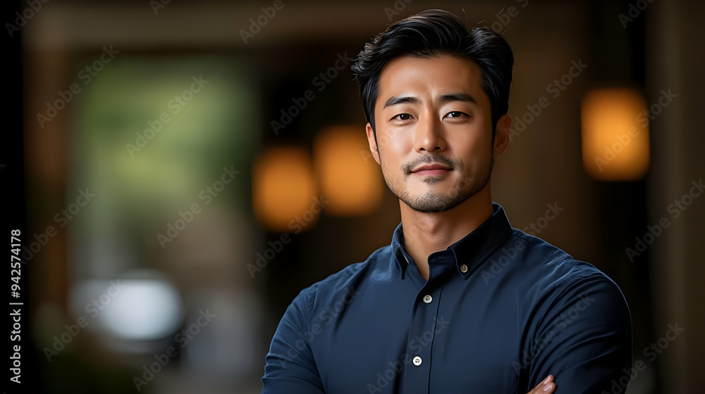 Fototapeta premium Portrait of a Confident Young Man in a Blue Shirt.