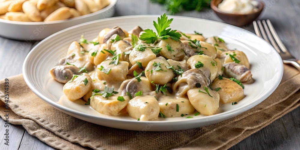 Close up of a mouthwatering plate of creamy mushroom gnocchi food Italian pasta meal cuisine gourmet delicious