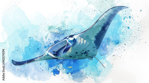 Beautiful watercolor illustration of a manta ray swimming gracefully in blue ocean waters, surrounded by abstract splashes.