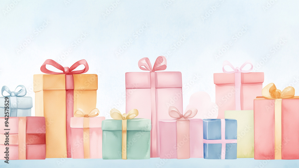 Obraz premium Colorful gift boxes stacked together create cheerful and festive atmosphere. soft pastel colors and delicate bows evoke feelings of joy and celebration.