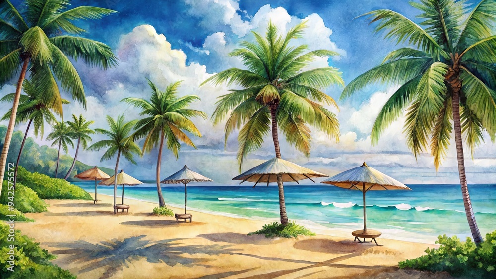 Watercolor painting of a tropical beach scene with palm trees, beach umbrellas, and the ocean Watercolor painting of a tropical beach scene with palm trees, beach umbrellas, and the ocean