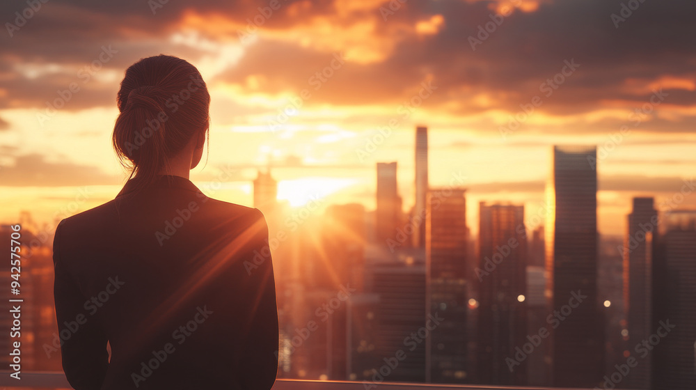 Back view of an executive woman in formal clothing looking at the city skyline with skyscrapers during sunset with a dramatic sky, successful businesswoman concept background Back view of an executive woman in formal clothing looking at the city skyline with skyscrapers during sunset with a dramatic sky, successful businesswoman concept background