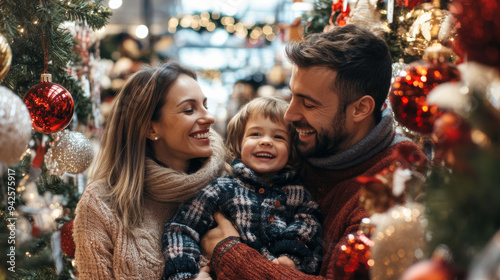 Happy family shopping for Christmas decorations , they are looking at xmas decorations to put on their Christmas tree and give their home a festive mood