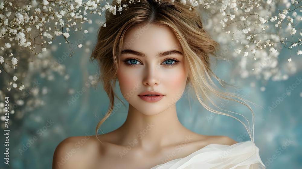 Portrait of a young woman with blue eyes and blonde hair. Portrait of a young woman with blue eyes and blonde hair.