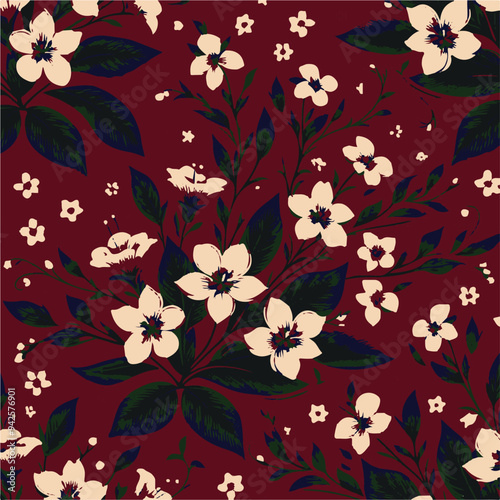 Big flowers pattern, upscale floral pattern. graphical textures floral, trendy colors pattern,Monochrome, flowers background with leaves. vector illustration