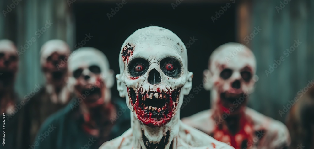 A group of zombies posing for a group photo in front of a creepy, dilapidated backdrop zombie halloween party concept. A group of zombies posing for a group photo in front of a creepy, dilapidated backdrop zombie halloween party concept.