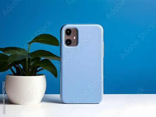 Blue mobile phone case in minimal white studio generative ai