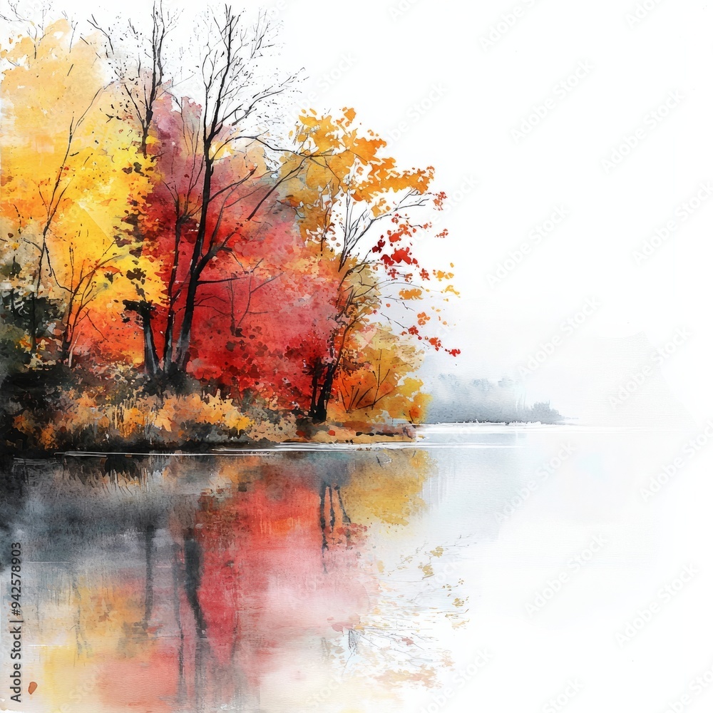 watercolor painting of a lakeside surrounded by autumn trees with colorful leaves, on isolated white background watercolor painting of a lakeside surrounded by autumn trees with colorful leaves, on isolated white background