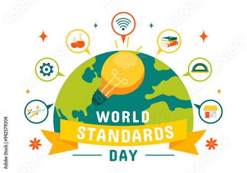 World Standards Day Vector Illustration on October 14 featuring a Globe, Stopwatch, Ruler Scale, and Quality Board in a Flat Style Cartoon Background