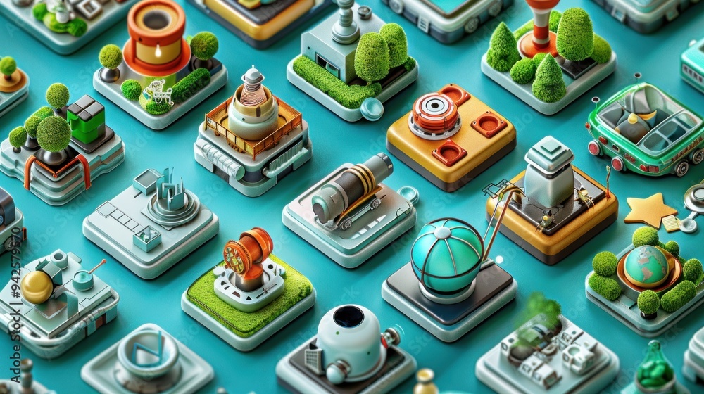 Fototapeta premium 3D Miniature Cityscape with Geometric Shapes.