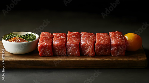 Raw beef steaks on wooden b...