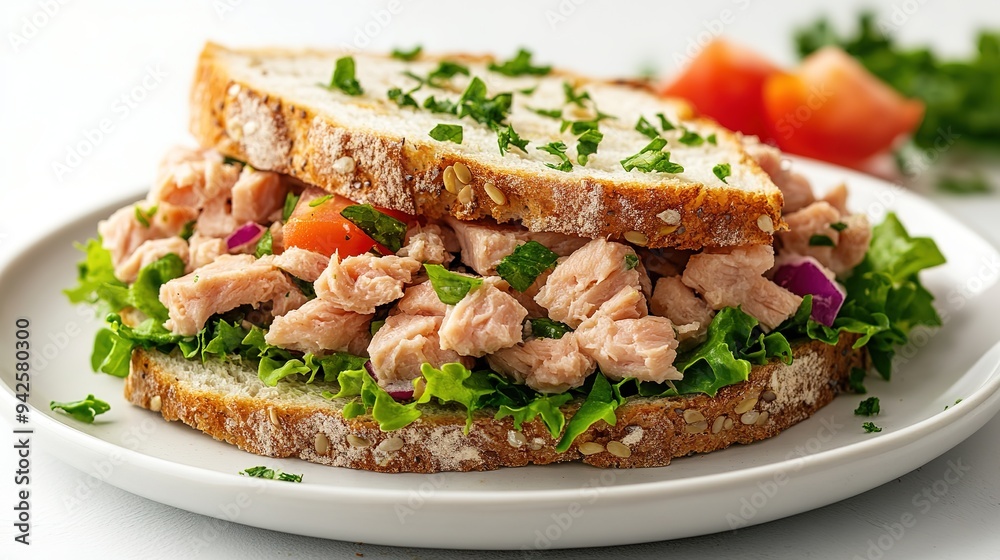 Fresh Tuna Sandwich on White Plate Isolated Against White Background Showcasing a Healthy Meal, Gourmet Snack, and Simple Culinary Delight for Quick and Nutritious Eating Fresh Tuna Sandwich on White Plate Isolated Against White Background Showcasing a Healthy Meal, Gourmet Snack, and Simple Culinary Delight for Quick and Nutritious Eating