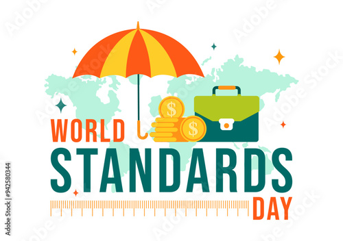 World Standards Day Vector Illustration on October 14 featuring a Globe, Stopwatch, Ruler Scale, and Quality Board in a Flat Style Cartoon Background