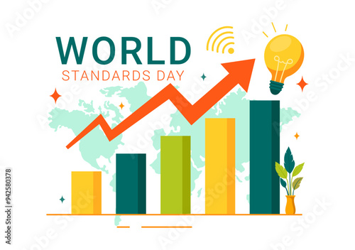 World Standards Day Vector Illustration on October 14 featuring a Globe, Stopwatch, Ruler Scale, and Quality Board in a Flat Style Cartoon Background
