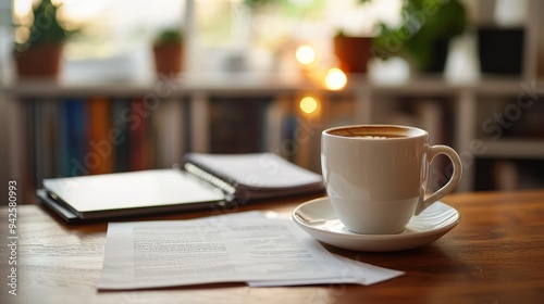 A person sipping coffee while reviewing documents on a desk, soft background photo