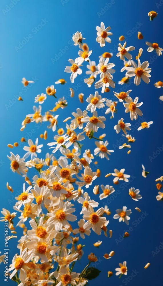 A vibrant display of scattered daisies against a clear blue sky, symbolizing beauty and freshness in nature. A vibrant display of scattered daisies against a clear blue sky, symbolizing beauty and freshness in nature.