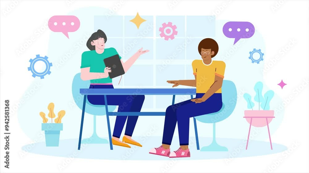 workers engage conversation in modern office setting illustration business animated video workers engage conversation in modern office setting illustration business animated video