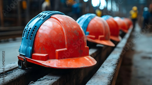 Row of red hard hats with b...