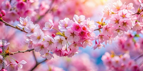 Beautiful scene of cherry blossoms in full bloom with pink petals in spring