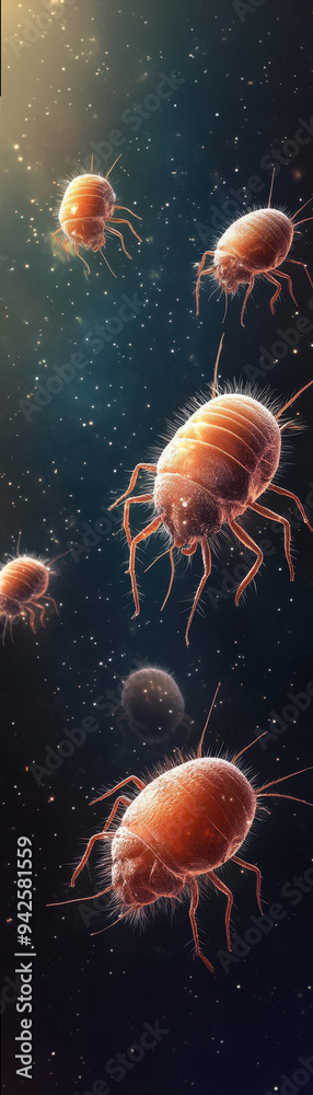 Microscopic view of aquatic creatures suspended in water, showcasing intricate details and vibrant colors. Microscopic view of aquatic creatures suspended in water, showcasing intricate details and vibrant colors.