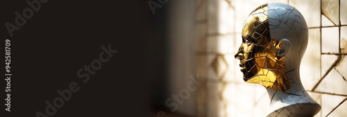 Wallpaper Mural Kintsuki, Japanese ceramic head glued with gold. Concept of not constancy, imperfection of world. AI generated. Torontodigital.ca