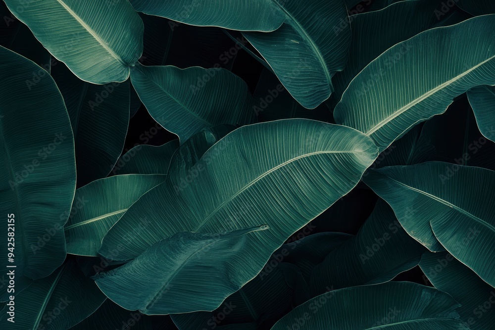 Obraz premium Abstract bold green leaves texture background, elegant tropical banana leaf details, nature wallpaper, vintage tone, deep shading, foliage, ecology concept, dark moody feel. refined,elegance. leaf, ai
