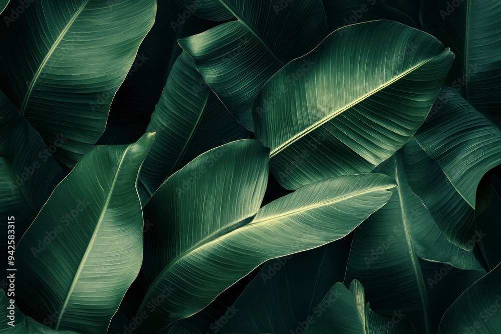 Obraz premium Abstract bold green leaves texture background, elegant tropical banana leaf details, nature wallpaper, vintage tone, deep shading, foliage, ecology concept, dark moody feel. refined,elegance. leaf, ai