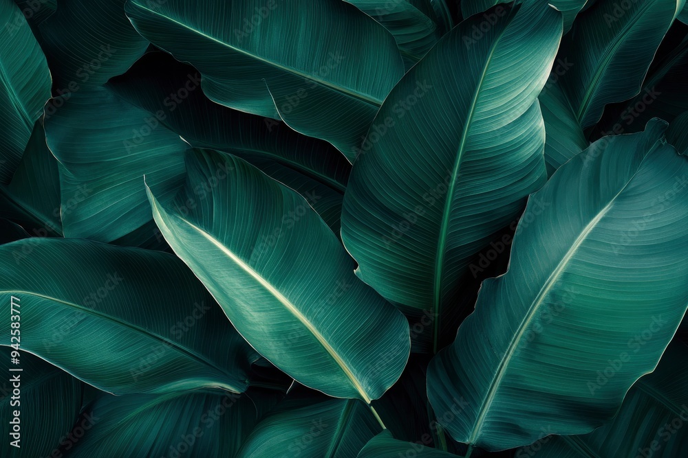 Obraz premium Abstract bold green leaves texture background, elegant tropical banana leaf details, nature wallpaper, vintage tone, deep shading, foliage, ecology concept, dark moody feel. refined,elegance. leaf, ai