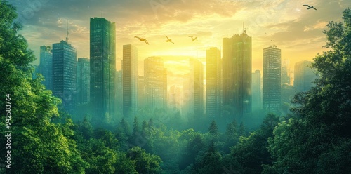 Cityscape Emerging from a Lush Forest at Sunset photo