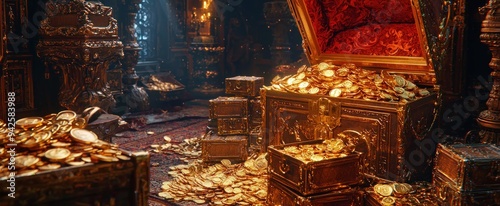 Treasury hall. treasure trove of gold coins And chests and treasure boxes pile up. Treasuries, kingdoms and castles. The concept of finding lost ancient treasures. 3d rendering image