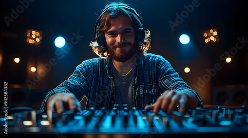 Smiling man in headphones a...