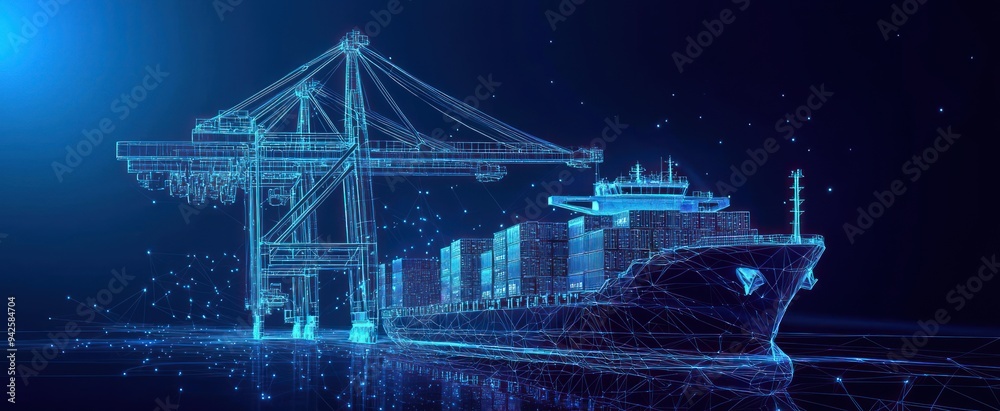 Trade port low poly wireframe banner template. Digital 3D cargo ship ...
