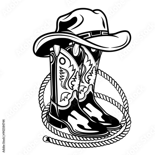 Cowboy Gear | Cow Boy Boots | Boots | Cowboy | Western Cowboy | Cowboy Hat & Rope | Cowboy Boots Design | Western Farm Life | Original Illustration | Vector and Clipart | Cutfile and Stencil