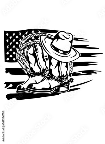 US Cowboy Gear | Patriotic Cowboy | Cowboy Boots | Boots | Wester Cowboy | Cowboy with Hat & Rope | Cowboy | Cowboy Hat | Original Illustration | Vector and Clipart | Cutfile and Stencil