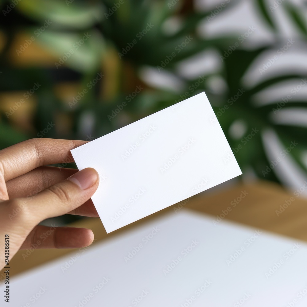 A person holding a blank business card against a background of green leaves, perfect for customizable design and branding. A person holding a blank business card against a background of green leaves, perfect for customizable design and branding.