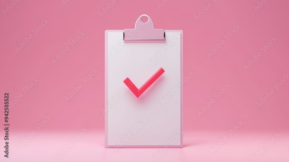 A minimalist clipboard with a pink check mark against a soft pink background, symbolizing success and completion. A minimalist clipboard with a pink check mark against a soft pink background, symbolizing success and completion.