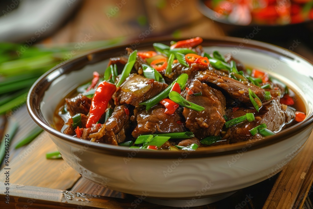 Delicious beef curry in a black clay pot, garnished with fresh vegetables, served on a rustic wooden surface. Delicious beef curry in a black clay pot, garnished with fresh vegetables, served on a rustic wooden surface.