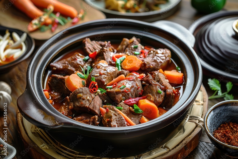 Delicious beef curry in a black clay pot, garnished with fresh vegetables, served on a rustic wooden surface. Delicious beef curry in a black clay pot, garnished with fresh vegetables, served on a rustic wooden surface.