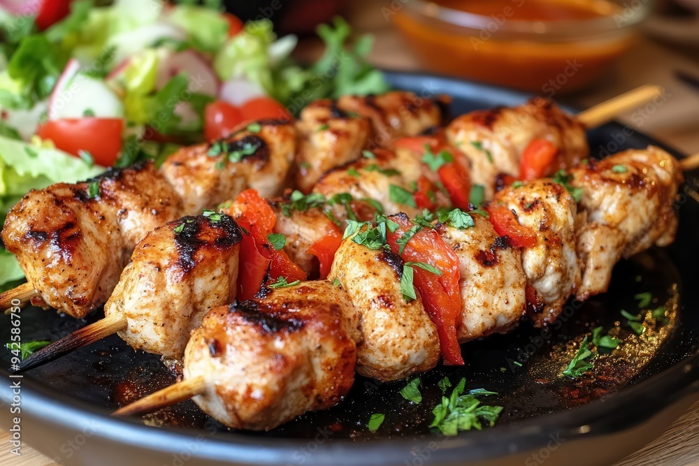 Grilled chicken skewers with charred edges, garnished with fresh herbs, served on a black plate. Grilled chicken skewers with charred edges, garnished with fresh herbs, served on a black plate.