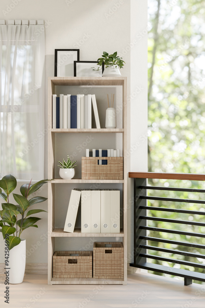 Fototapeta premium A wooden shelf with books and decor in a contemporary bright room at home.