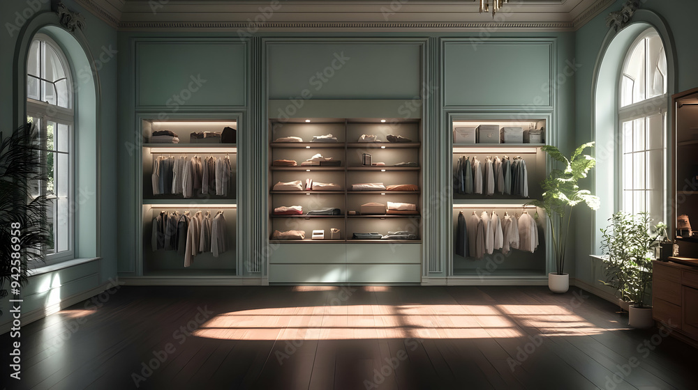 Fototapeta premium Sunlit Walk-in Closet with Clothes Hanging on Racks and Shelves.