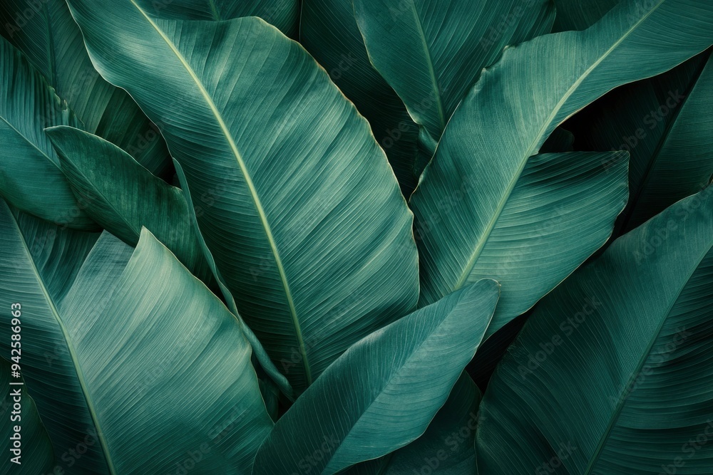 Obraz premium Abstract bold green leaves texture background, elegant tropical banana leaf details, nature wallpaper, vintage tone, deep shading, foliage, ecology concept, dark moody feel. refined,elegance. leaf, ai