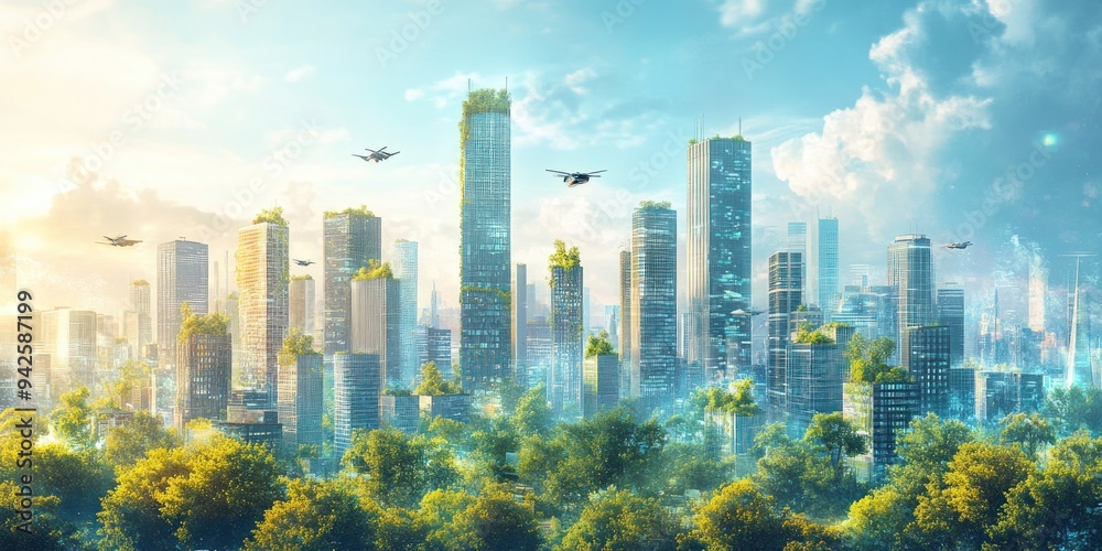 Obraz premium Futuristic Cityscape with Greenery and Flying Vehicles