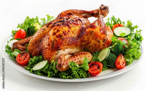 A whole golden-brown holiday turkey on a platter with salad, isolated against a white background, in high-resolution photography style.