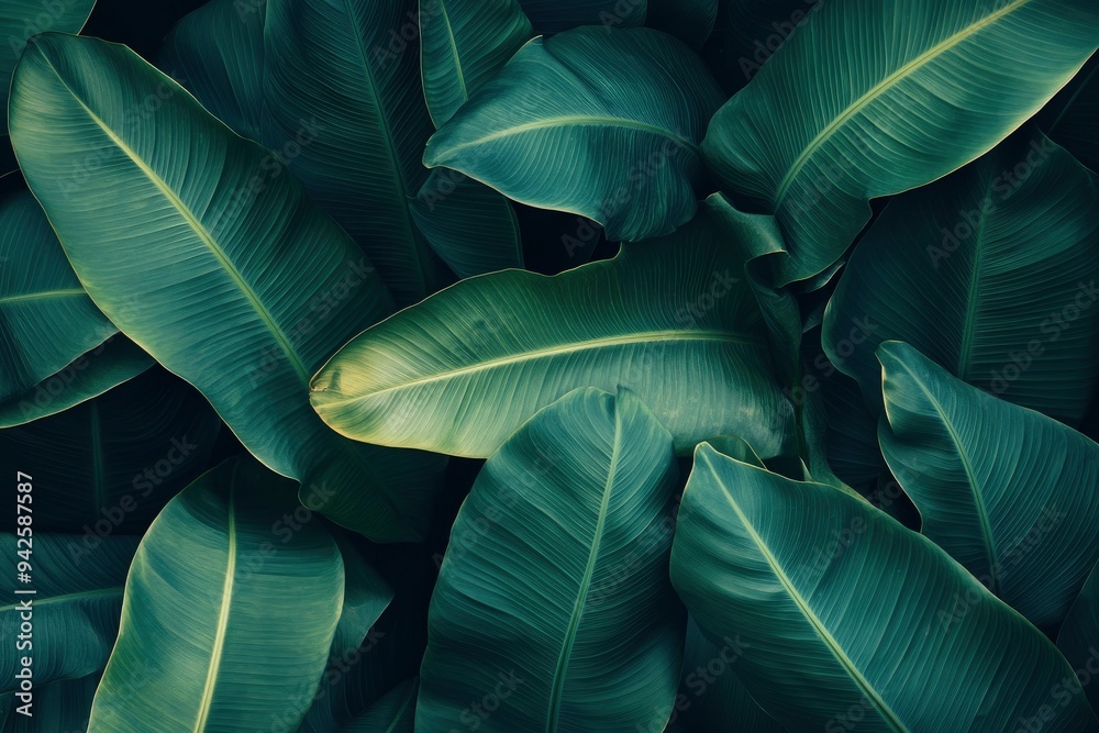 Obraz premium Abstract bold green leaves texture background, elegant tropical banana leaf details, nature wallpaper, vintage tone, deep shading, foliage, ecology concept, dark moody feel. refined,elegance. leaf, ai