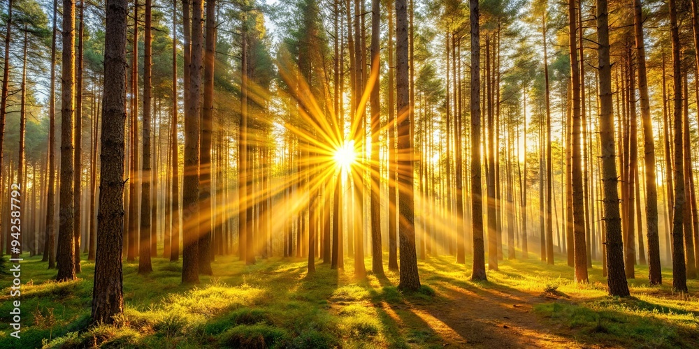 Sunbeams streaming through a dense pine forest, illuminating the trees with a warm and golden glow Sunbeams streaming through a dense pine forest, illuminating the trees with a warm and golden glow