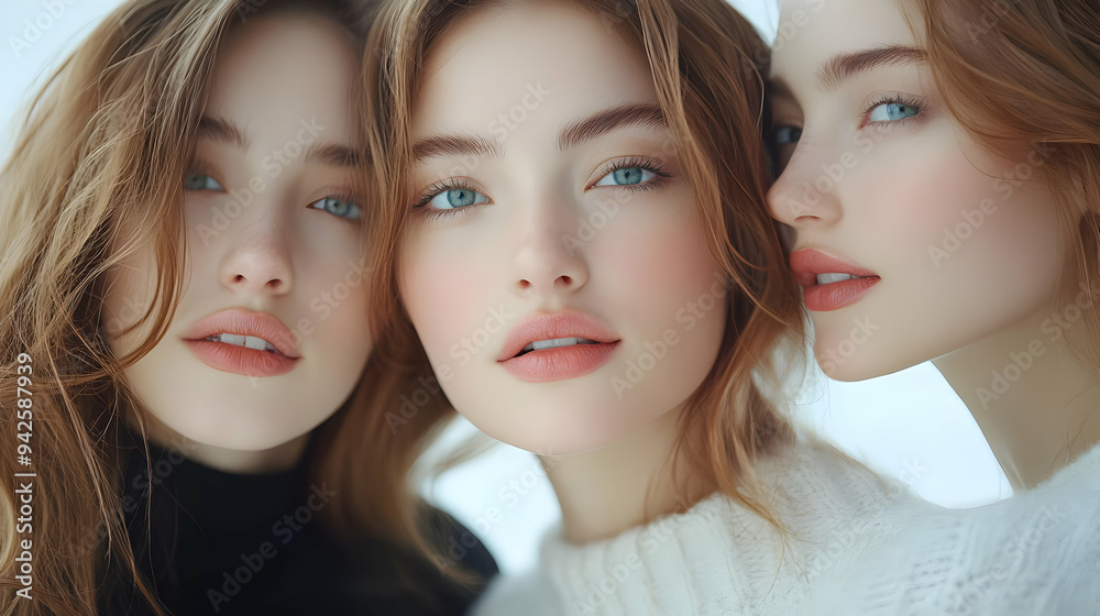 Three young women with long, flowing red hair, looking at the camera with soft, natural makeup. Three young women with long, flowing red hair, looking at the camera with soft, natural makeup.