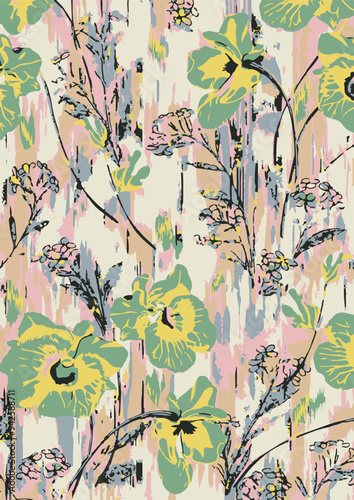 Big flowers pattern, upscale floral pattern. graphical textures floral, trendy colors pattern,Monochrome, flowers background with leaves. vector illustration